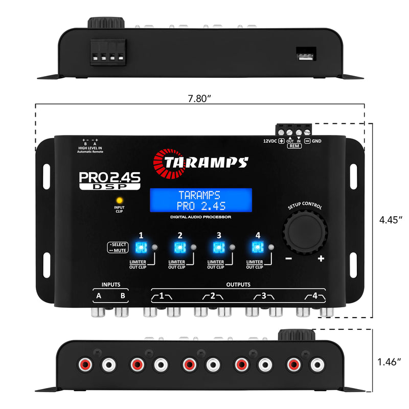 Taramps PRO 2.4S Car Audio DSP Equalizer 4 Channel Digital Crossover | Automotive DSP with 15-band EQ, active crossover, delay alignment, RCA & High-Level inputs for precise sound tuning. Black