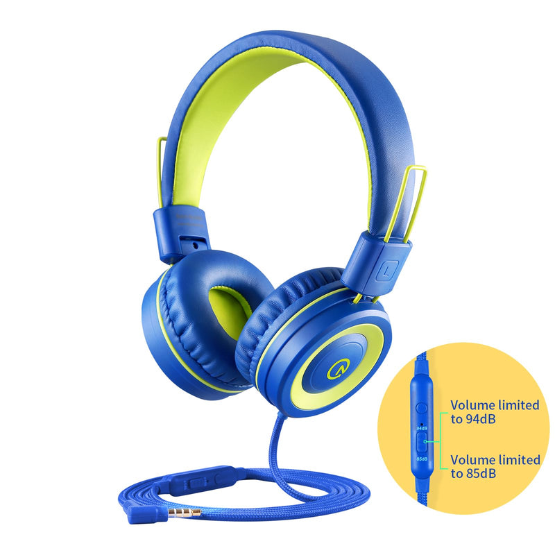 noot products Kids Headphones with Microphone K12 Stereo 5ft Long Cord with 85dB/94dB Volume Limit Wired On-Ear Headset for iPad/Amazon Kindle,Fire/Toddler/Boys/Girls/School(Blue/Lime) Blue Lime