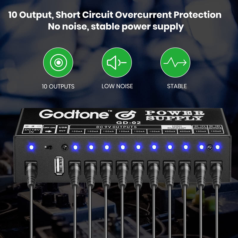 Godtone Guitar Pedal 10 DC Outputs for 9V 12V 18V Effect Pedal Power Supply with USB(5V2A) Port GD-02