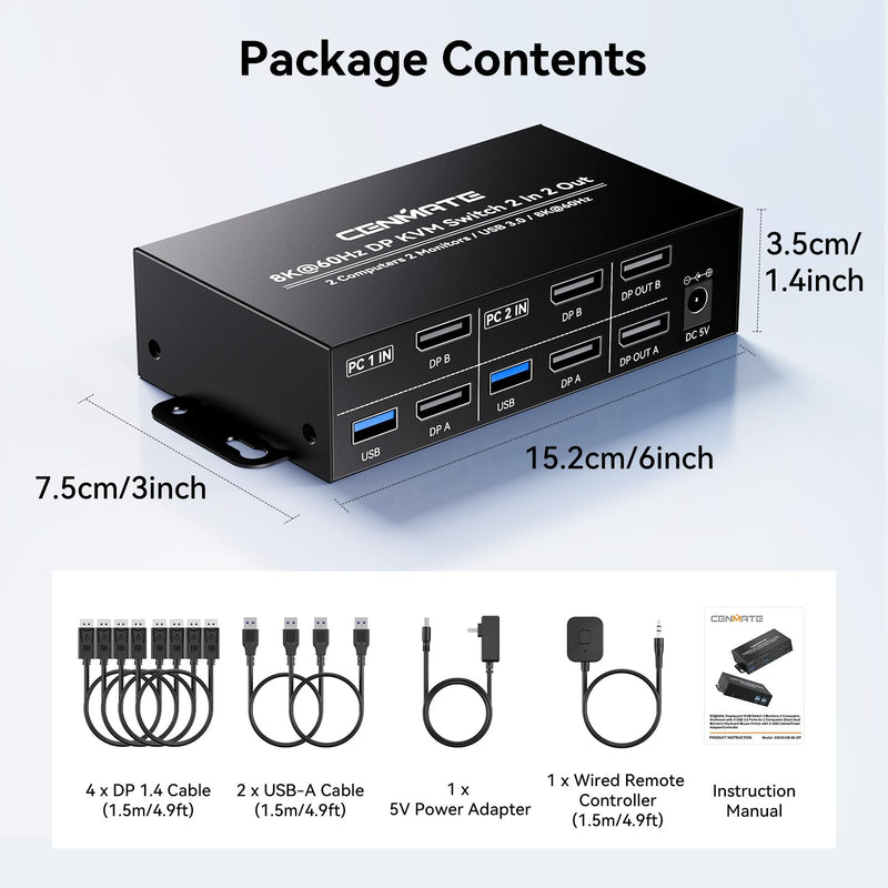 8K@60Hz Displayport KVM Switch 2 Monitors 2 Computers, with 4 USB 3.0 Ports for 2 Computers Sharing Dual Monitors Keyboard Mouse Printer with 4 DP Cables, 2 USB Cables, Power Adapter and Controller Inky black