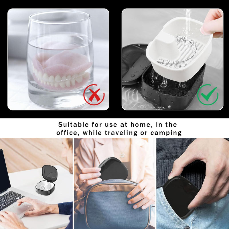 Denture Box, Denture Box Cover, Denture Box, Braces Box, Denture Box with Strainer, Portable Denture Box Cover, for Storing Dentures (Black)