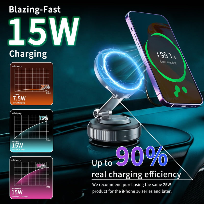 for MagSafe Car Mount Charger, 15W Magnetic Wireless Car Charger, 360° Adjustable Car Phone Holder, Strong Magnetic, Vacuum Magnetic Phone Holder with Nano Adhesive Base for iPhone 17-12 & Android