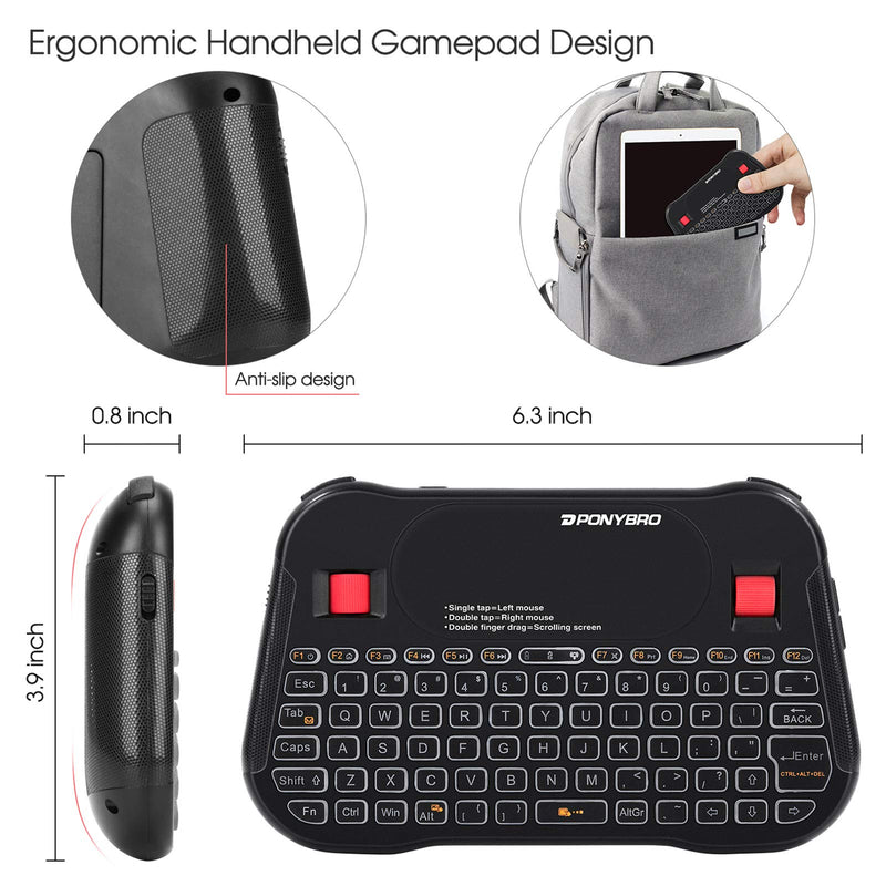 PONYBRO Backlit Mini Bluetooth Wireless Keyboard with Touchpad QWERTY keypad,Support Bluetooth＆2.4G USB Connection,Rechargeable Handheld Keyboard Remote for Smartphones,Smart TV,Android TV Box,PC,Pad.