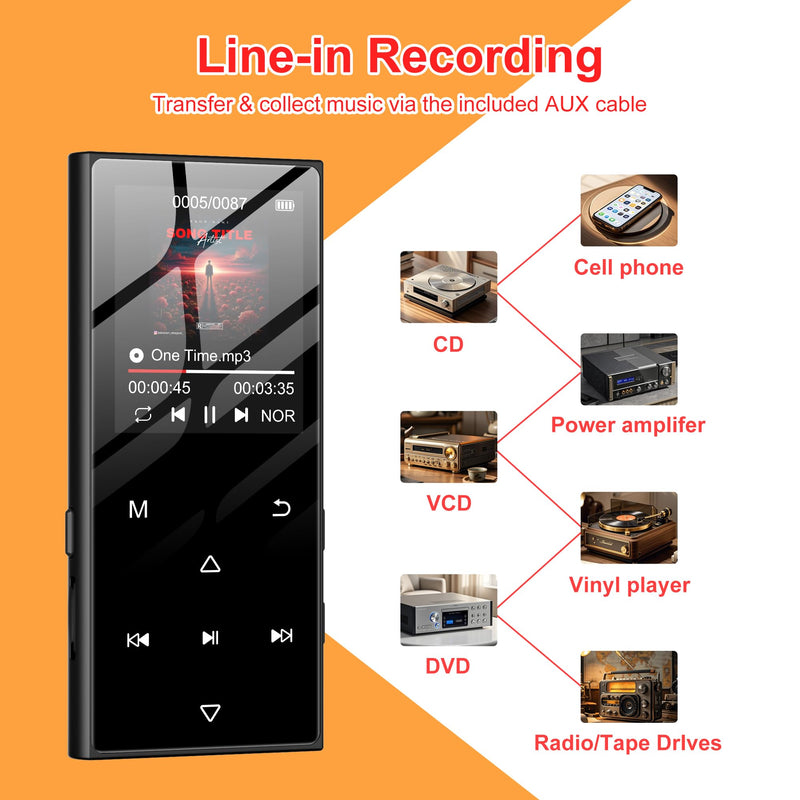 128GB MP3 Player with Bluetooth 5.3 - SWOFY D50 Music Player with Built-in HD Speaker, FM Radio, Voice Recorder, HiFi Sound, E-Book, Earphones Included