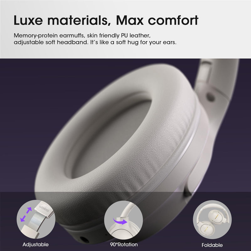 Bluetooth Headphones, 80H Playtime Headphones Wireless Bluetooth with 3 EQ Modes, Over Ear Headphones with Microphone, HiFi Stereo Sound, Foldable Headphones for PC Phone TV (Light Gray) Light Gray