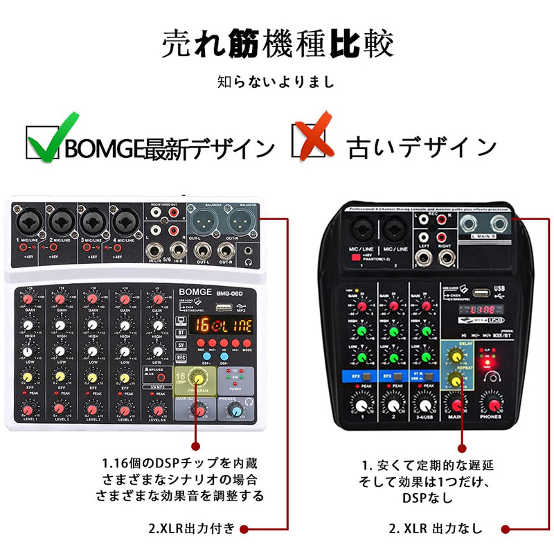 [AUSTRALIA] - BOMGE 6 Channel Audio Sound Mixer - Professional Digital DJ Mixing Console for Live Streaming, Karaoke and Stereo Recording - With PC Computer Record Playback/Bluetooth/MP3/USB/48V /16 DSP Echo Black 
