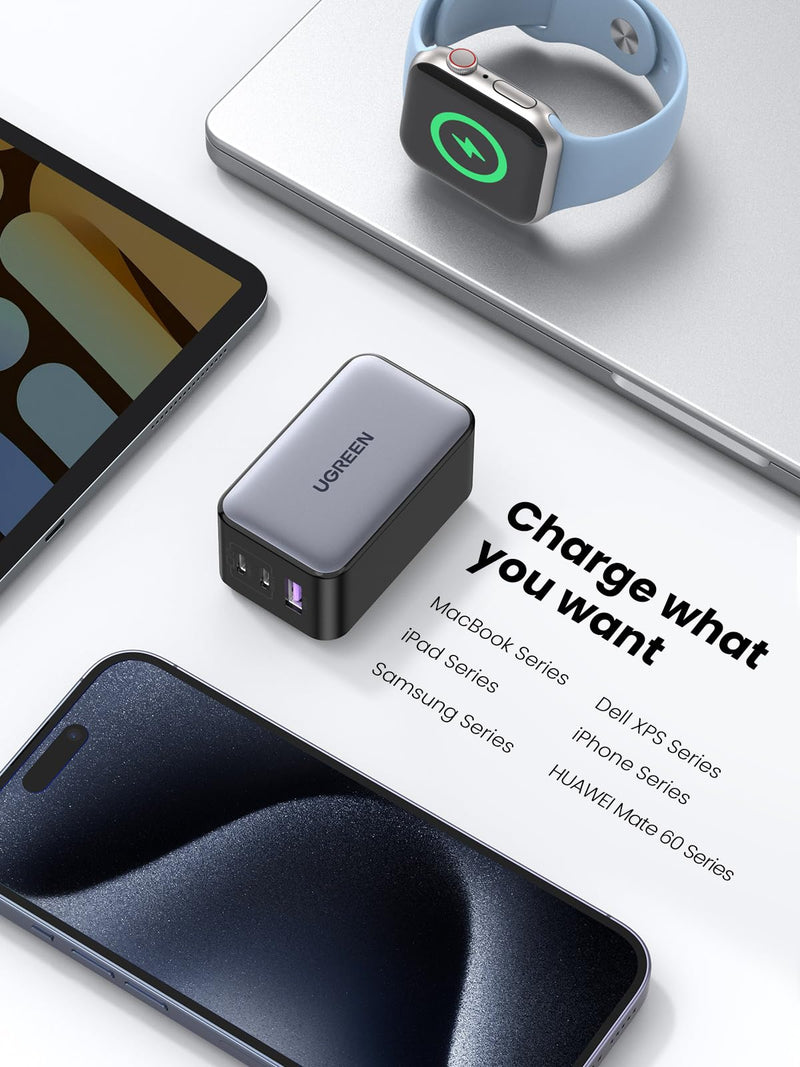 UGREEN 65W USB C Charger, Nexode 3 Ports GaN Fast Charger Block, Compact Foldable Wall Charger for MacBook Pro/Air, iPhone 15 Pro Max/14/13, iPad Pro, Galaxy S24/S23, Pixel 8, Steam Deck (Black) Black
