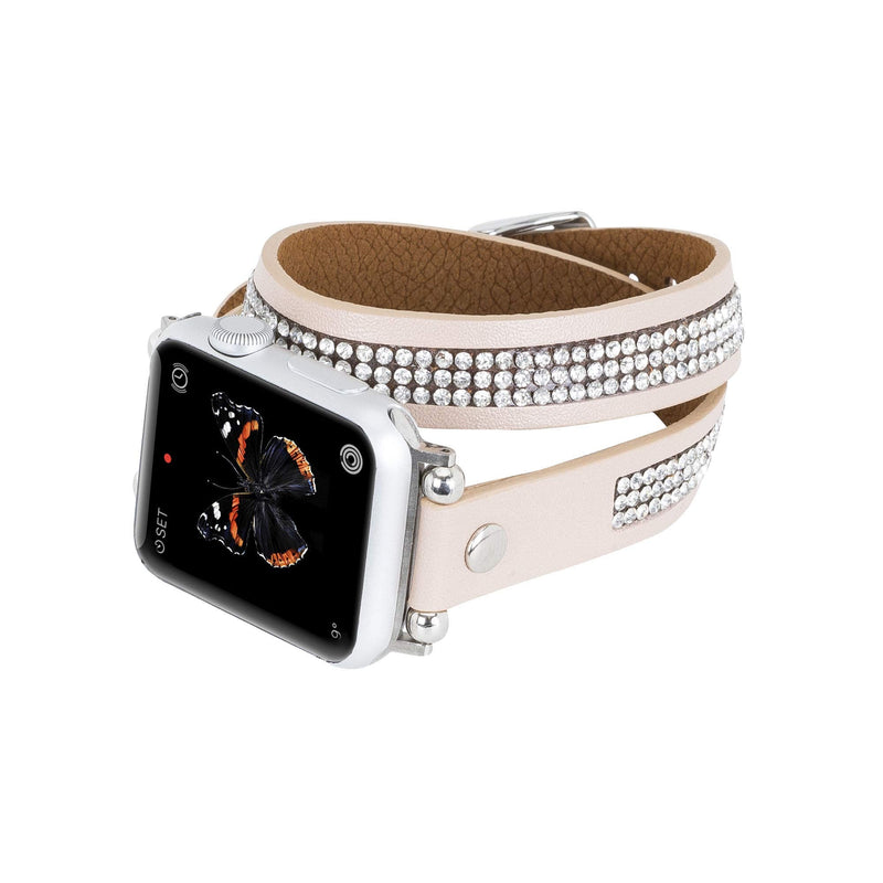 Venito Livorno Double Wrap Leather Slim Watch Band with Rhinestones Compatible with Apple Watch 42mm, 44mm, 45mm, 49 mm for Apple Watch Series 1, 2, 3, 4, 5, 6, 7, SE, 8, Ultra, Sport (Nude Pink w/Silver Connector & Clasp)