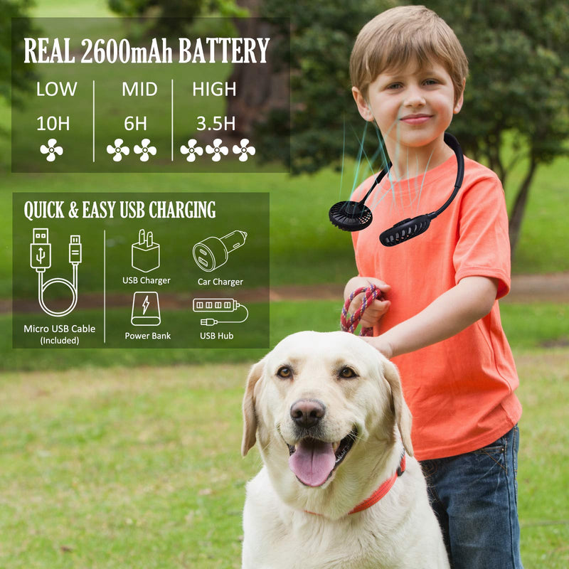 Neck Fan, Rechargeable Battery Operated Portable Fan 2600mAh, Hands Free Personal Fan Hang Around Neck Fans, Wearable Small Fan for Outdoor Working Battery Powered USB Fan Over 12 Hours Constant Cool Black