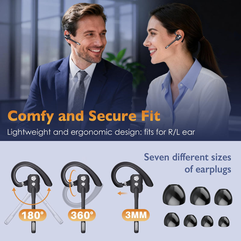 Swiitech Bluetooth Headset, Wireless Headset with Dual-Mics & Noise Cancelling, Bluetooth Earpiece with Mute, V5.3 Hands-Free Headset with QCC Chip for Phone PC iOS Android (Charcoal)