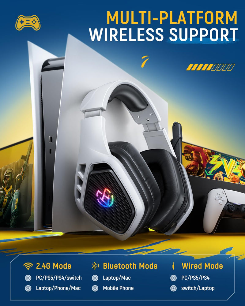 Tatybo Wireless Gaming Headset for PC, Ps5, Ps4, 2.4 Ghz USB & Type-C Gaming Headphones with Microphone, 30H Battery Bluetooth Headphones for Switch, Laptop, Mobile, Mac White Black
