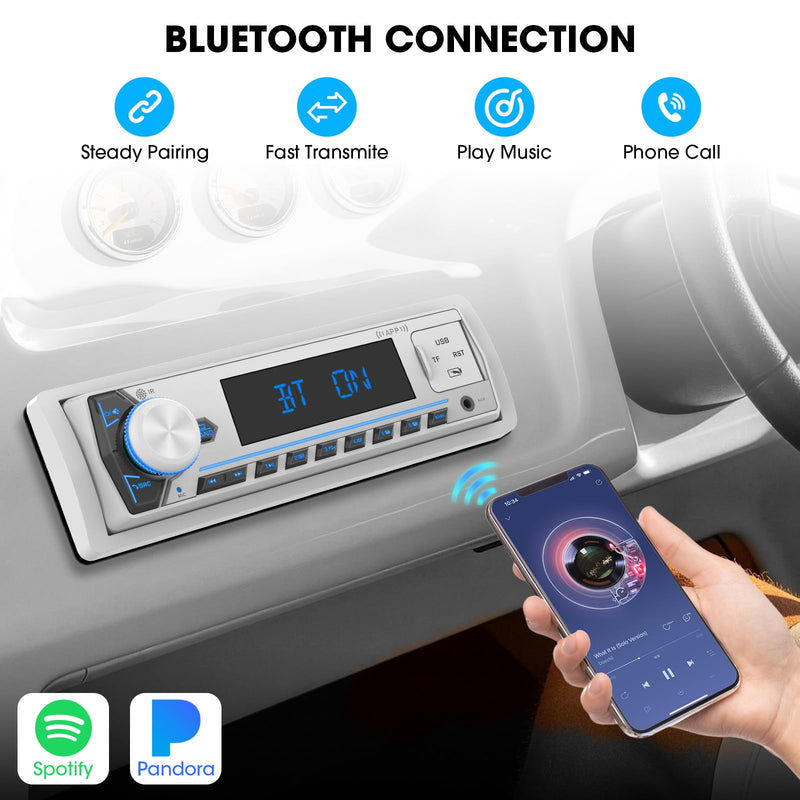 Single Din Bluetooth Marine Radio: Indash Car Stereo Receiver for Boat | Digital LCD Display AM FM AUX SD USB Fast Charging 2 Subwoofer Outputs White