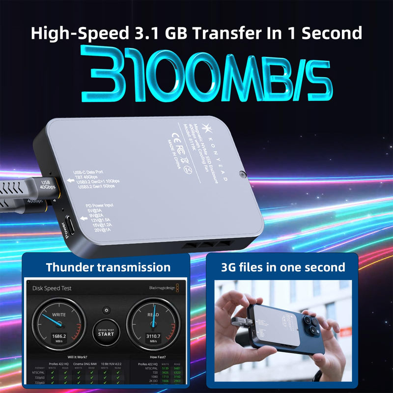 Magnetic USB-C 40Gbps NVMe SSD Enclosure for iPhone 15 Pro Max ProRes,USB to 2280 NVMe PCI-E Adapter, Aluminum External SSD Case with Cooling Fan for MacBook/ iPad Pro/Android