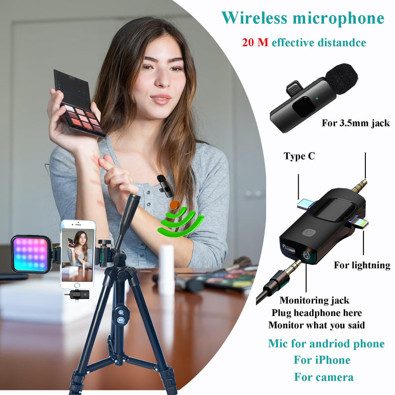 for iPhone Vlogging Kit, Vlogging Kit for Andriod Phone with Two Tripods RGB Light Lavalier Microphone Remote for YouTube Tiktok Content Creator (Total Height 20 in to 50 in) Total Height 20 IN to 50 IN