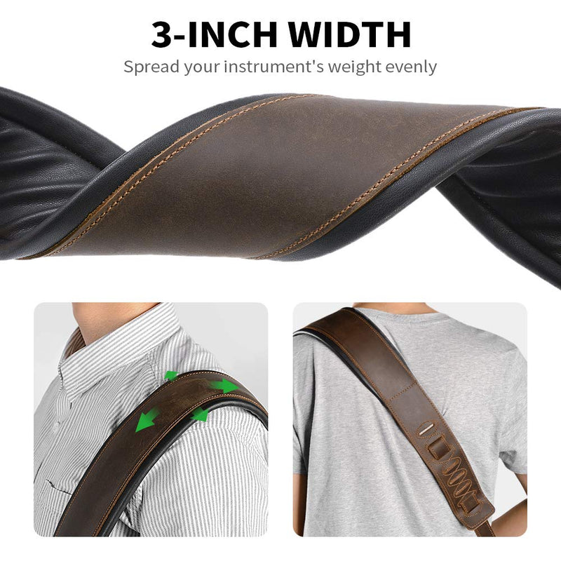 BestSounds Guitar Strap Leather 3 Inch Wide Full Grain Padded Soft Leather Strap for Acoustic, Electric and Bass Guitars Whiskey Brown
