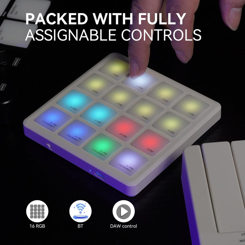 M-VAVE MIDI Controller Drum Pad Wireless Bluetooth MIDI Keyboard 16 Strike Pad Velocity Sensitive, Note Repeat, Full Level Buttons RGB Backlight Portable with Wired USB-C Built-in Battery