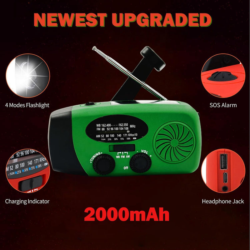 2000mAh Weather Emergency Radio, Portable Solar AM/FM/NOAA Hand Crank Radio, Cell Phone Charger with SOS, 1W LED Flashlight, Headphone Jack, Power for Emergency Preparedness (2000mAh Green)