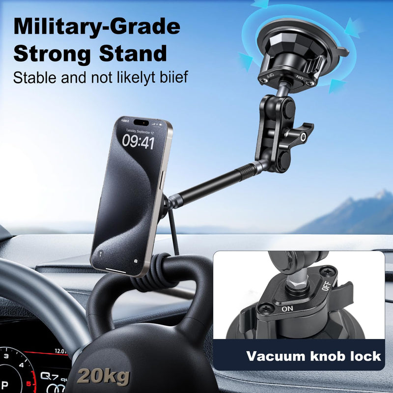 koolehaoda Magnetic Car Phone Holder for Magsafe, Vacuum Suction Cup Phone Mount for Windshield Dashboard, 360° Adjustable Metal Arm Car Phone Holder for iPhone Samsung All Smartphone & Cars Truck
