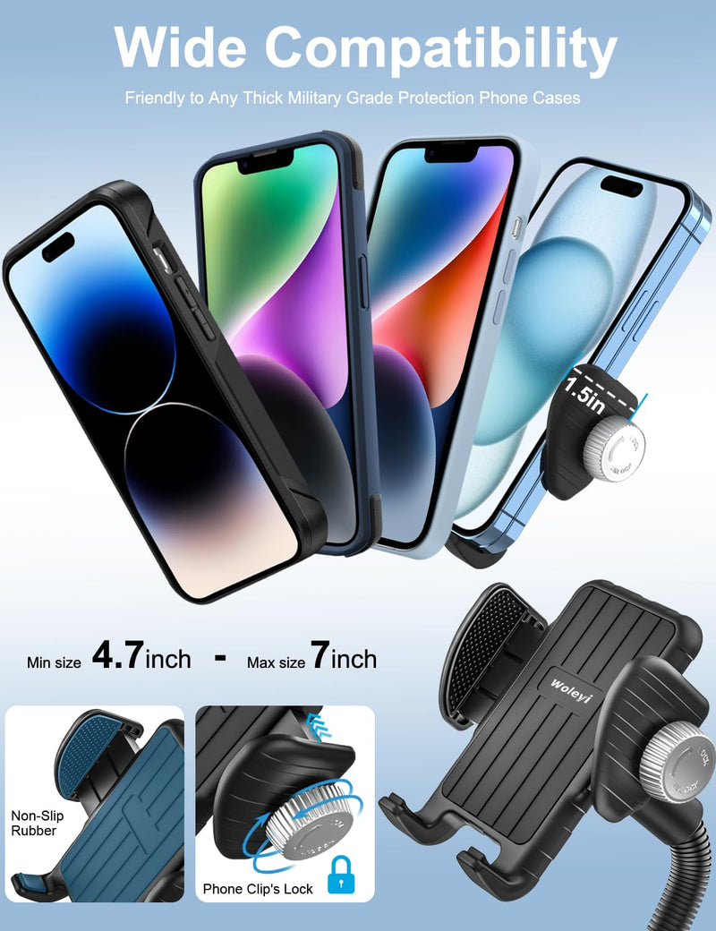 Gooseneck Phone Holder for Wheelchair, Stroller, Golf Cart, Boat, Mic Stand, Indoor Cycling Bike, Gym Bicycle Handlebar Clamp for iPhone Air 17 Pro Max 16 15 14 13 12 Plus, S25, 4.7 to 7" Smartphones