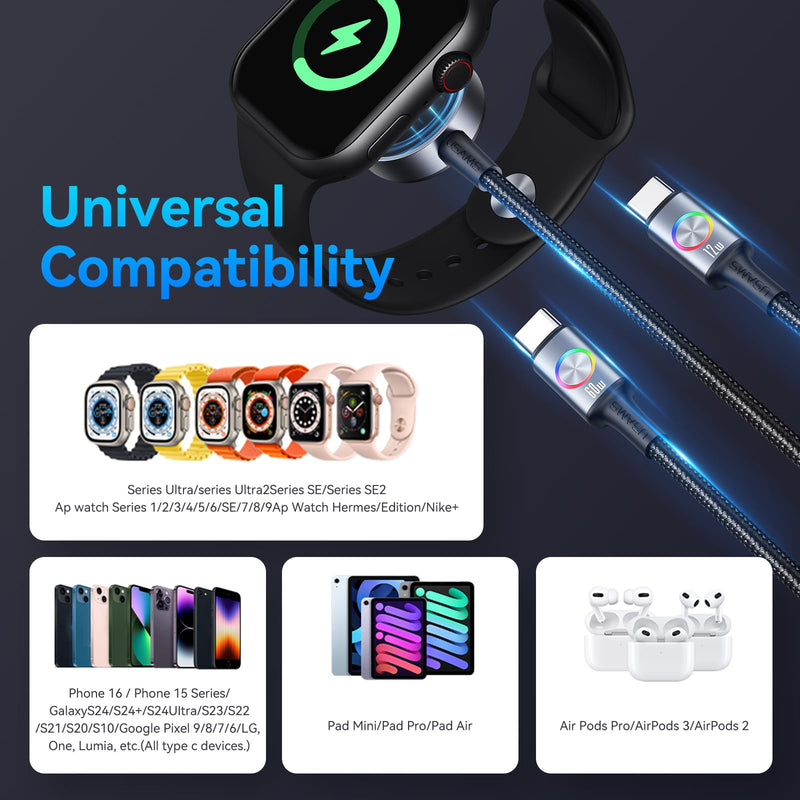 72W Super Fast Charging 3-in-1 Multi Charging Cable, Dual USB-C Ports for iWatch Ultra/SE/10-1/iPhone 17/16/15 Pro, Multi Charger for Apple Watch, Galaxy Phone Travel Essentials (Pack of 2) 4 feet (Pack of 2)