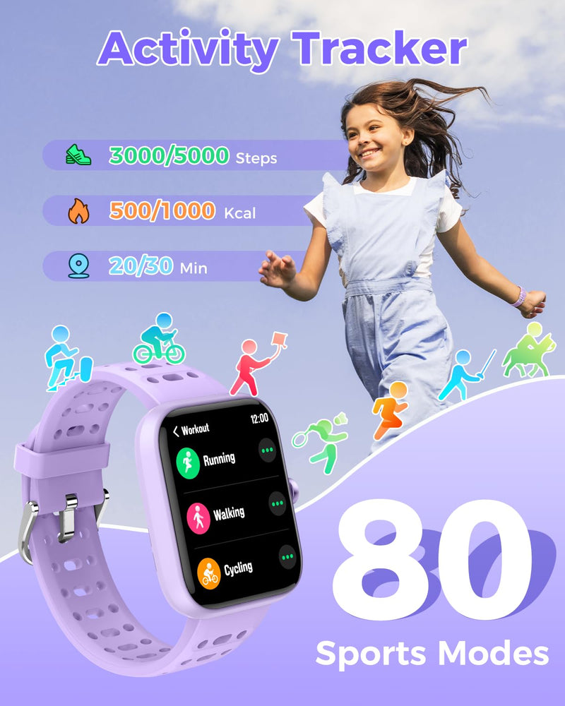 ENOMIR [2026 New Smart Watch for Kids - No APP No Phone Needed, 1.83" Fitness Tracker Watch for Kids with Sleep Monitor, Heart Rate, Step Counter, IP68 Waterproof (Purple, 1.83Inches)