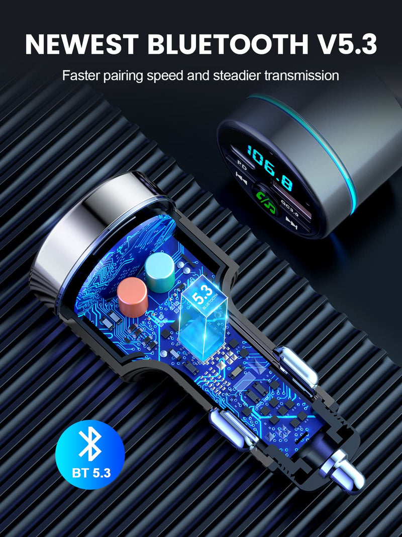 FM Transmitter for Car Bluetooth 5.3, [All-Metal] PD 30W & QC3.0 18W Fast Car Charger, Wireless FM Radio Car Kit Bluetooth Car Adapter, Noise Cancelling Hands-Free Call, Blue Light - Silver