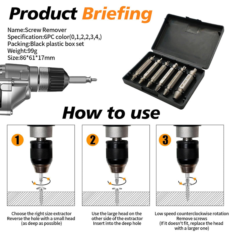 6 Piece Screw Extractor Set, Damaged Screw Remover Extractor, Double Head Left Extractor Set, Multiple for Removing Slightly Damaged Screws, Made of HSS 4341