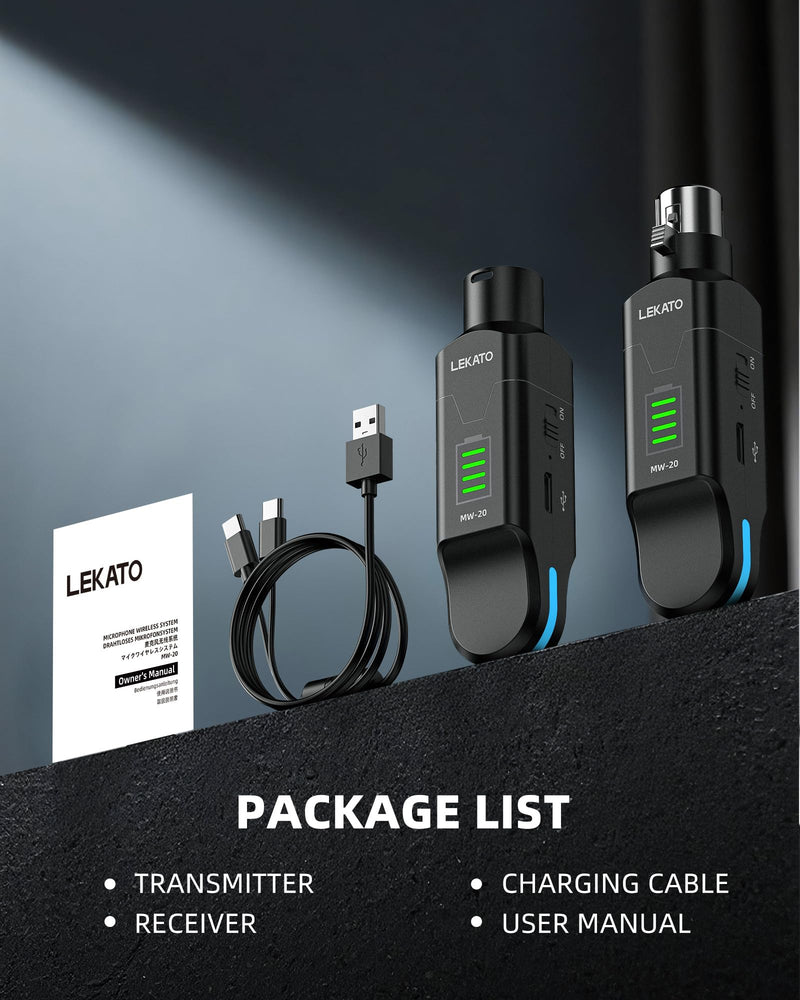 LEKATO Wireless Microphone System 2.4GHz, 48V Phantom Power for Condenser Mic, Wireless XLR Transmitter Receiver High-Resolution for Dynamic Mic, PA System, Audio Mixer(MW-20)