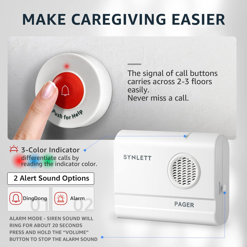 [AUSTRALIA] - Caregiver Pager Wireless Nurse Call Button for Elderly Monitoring SOS Alert System Portable Alarm Call Bell for Home Care Seniors Patients Emergency 3 Call Buttons 2 Pagers 