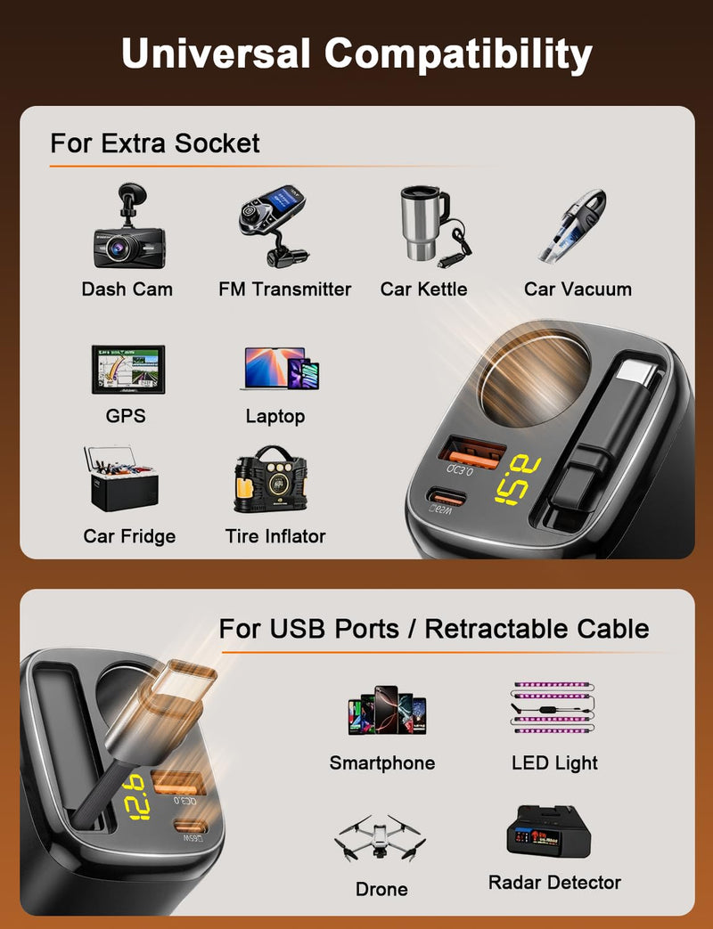 Retractable USB C Car Charger, 215W 4 in 1 Cigarette Lighter Adapter | PD65W Laptop Fast Charging, Socket Splitter with Multi Port, 12V Car Charger Adapter for iPhone 17 Pro Max, MacBook, GPS