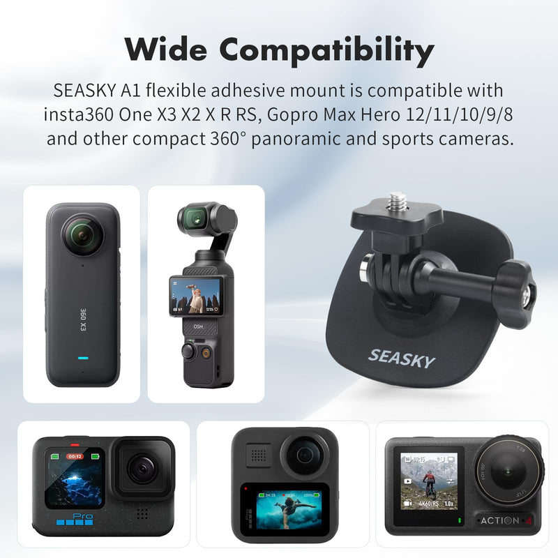 SEASKY [2Pack] A1 Flexible Adhesive Mount Kit Helmet Base for insta360 X4 X3 X2 One X RS for GoPro Max 360 Panoramic Camera Hero 12/11/10/9/8 Sports Camera Accessories for Any flat Curved surfaces