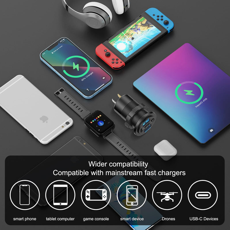 2 Pack 12V USB Outlet 4 Port Car Charger, 78W Super Fast Dual PD3.0 & QC3.0 Multiple USB Port for Car, USB C Cigarette Lighter Replacement 12 Volt Socket Waterproof for Marine Boat Motorcycle RV Golf pack of two