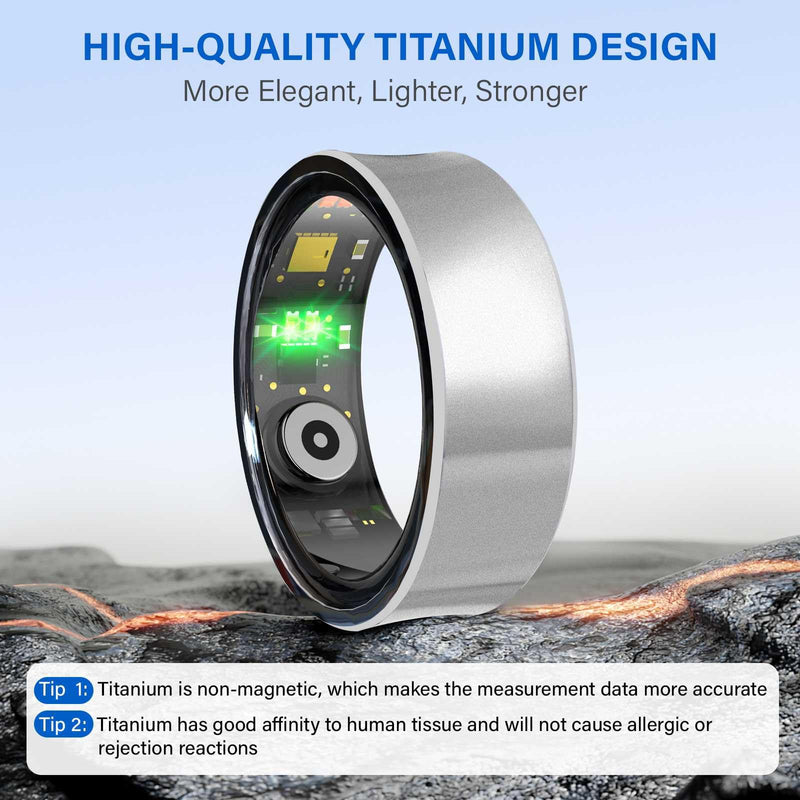 Smart Ring Fitness Tracker Ring for Men and Women - Titanium Material, Menstrual Cycle Tracker, Sleep Heart Rate Blood Oxygen Pressure Activity Steps Calories Tracker, No APP Subscription (Silver 11#)