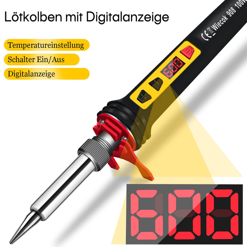 Soldering Iron Set 100 W LCD, Soldering Iron with Adjustable Temperature 200-600 °C Soldering Iron with On/Off Switch, 15 g Soldering Wire, 5 Soldering Tips, Soldering Set for Electrical Work Black