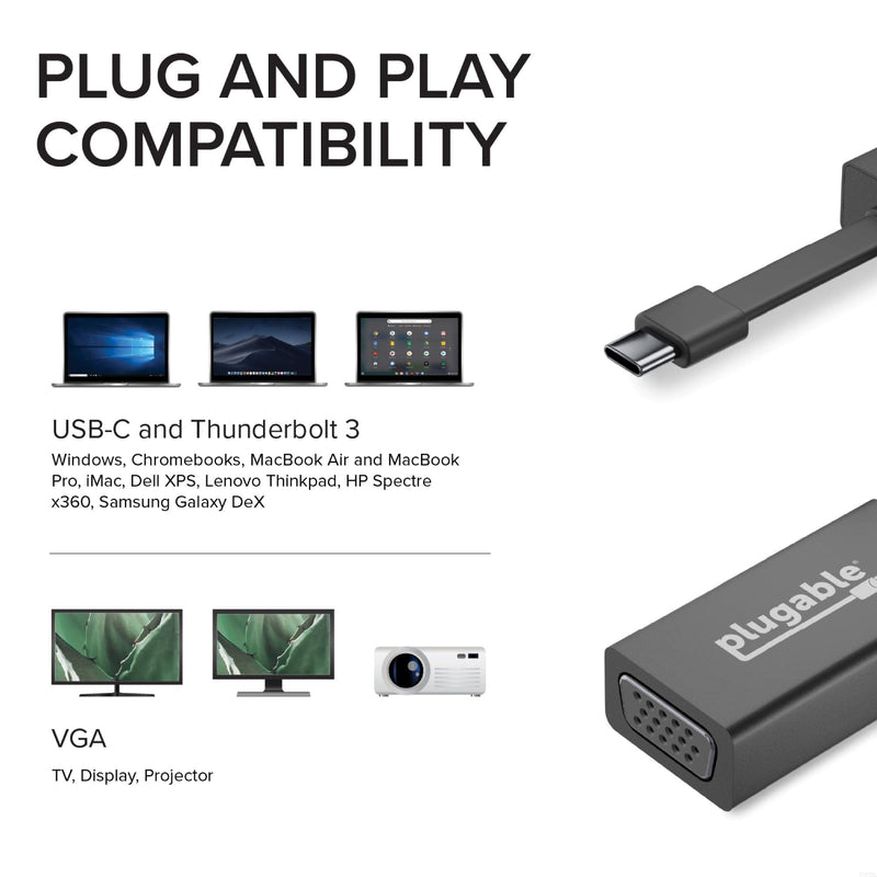 Plugable USB C to VGA Adapter, Thunderbolt 3 to VGA Adapter Compatible with MacBook Pro, Windows, Chromebooks, 2018 iPad Pro, Dell XPS, and More (Supports Resolutions up to 1920x1200 @ 60Hz)