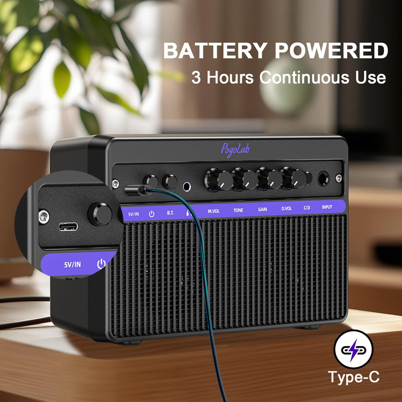 [AUSTRALIA] - Portable Electric Guitar Amplifier, PogoLab Mini 10W Dual Speakers Bluetooth Amp with Rechargeable Battery (5H Play), Clean/Distortion Effects, Headphone Output for Electric Guitar Practice Anywhere Black Purple 
