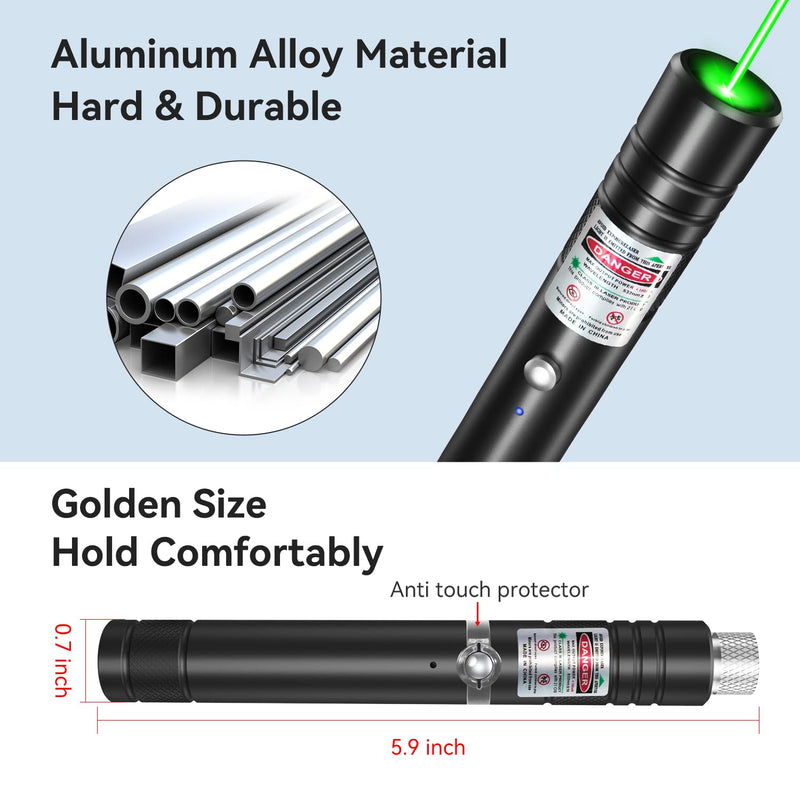 Rechargeable Green Laser Pointer high Power, 10000 Feet Long Range Laser Beam Light Pen, Strong Laser Pointer for TV LED LCD Screen, Green Laser Light for Dogs Cats Outdoor Hunting Teaching Black-Green Light