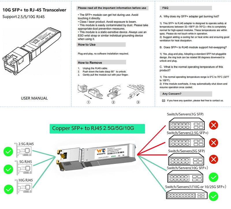 10Gb SFP+ to RJ45 Transceiver, Copper 10G SFP Ethernet Module 10Gbase-T | Auto-Negotiation 2.5G/5G/10G for RJ45 Port, Up to 30m, Compatible with Cisco SFP-10G-T-S, Meraki, TP-Link, Mikrotik, Netgear 1 Pack)10G-T: 30m