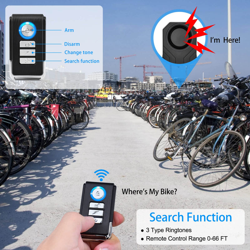 Wireless Bike Alarm with Remote, Anti-Theft Bicycle Motorcycle Alarm Wireless Security Vibration Motion Sensor Alarm, IP65 Waterproof Super Loud 113dB Alarm (2 Set) 2PK Bike Alarm