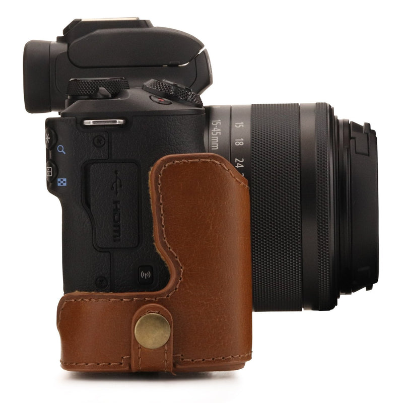 MegaGear Canon EOS M50 Leather Camera Case - Premium PU Leather Protective Cover, Ever Ready Design with Battery Access - 15-45mm Lens - Light Brown