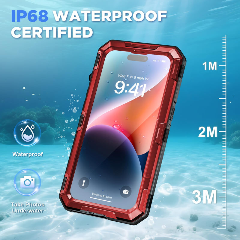 Beasyjoy for iPhone 14 Waterproof Case, Metal Heavy Duty Case with Built-in Tempered Glass Screen Protector, Military Grade Shockproof Full Body Protection, Rugged Phone Case for iPhone 14, Red Red-Mag