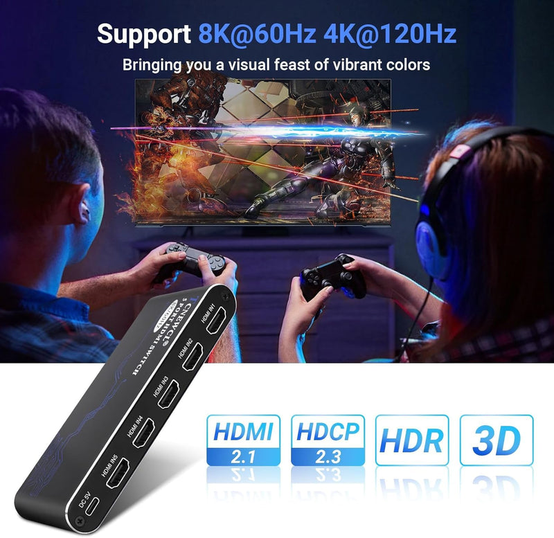 [AUSTRALIA] - 8K HDMI Switch 5 in 1 Out, HDMI Hub 8K@60Hz 4K@120Hz, HDMI 2.1 Selector Compatible with PS5 PS4 Xbox PC 