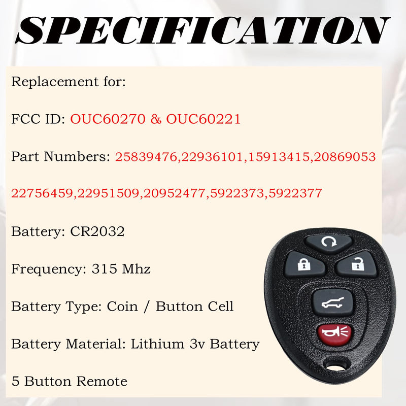 Keyless Entry Remote Control Key Fob Replacement Fits for Chevy Traverse 2007-2016 Tahoe Suburban GMC Acadia Yukon XL Buick Enclave Cadillac Escalade Saturn Outlook OUC60270 OUC60221 15913415