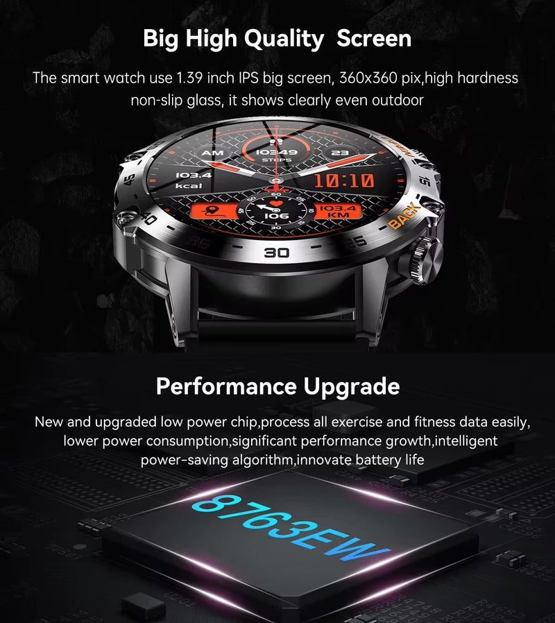 Mens Military Smartwatch Bluetooth Answer/Make Call for Android iOS Phone Long BTRY 1.39" Outdoor Sports Activity Fitness Tracker Orange Silicone Strap Music Smartwatches Health Monitor (Orange) Orange band, Silver Body