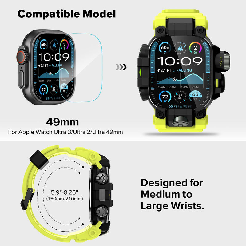 KADES 2-in-1 Removable Rugged Case with Band for Apple Watch Ultra 49mm | Military Grade Shockproof Full Cover & Built-in Tempered Glass Screen Protector for Men Sports Hiking Workout Yellow Green 49mm (with Tempered Glass)