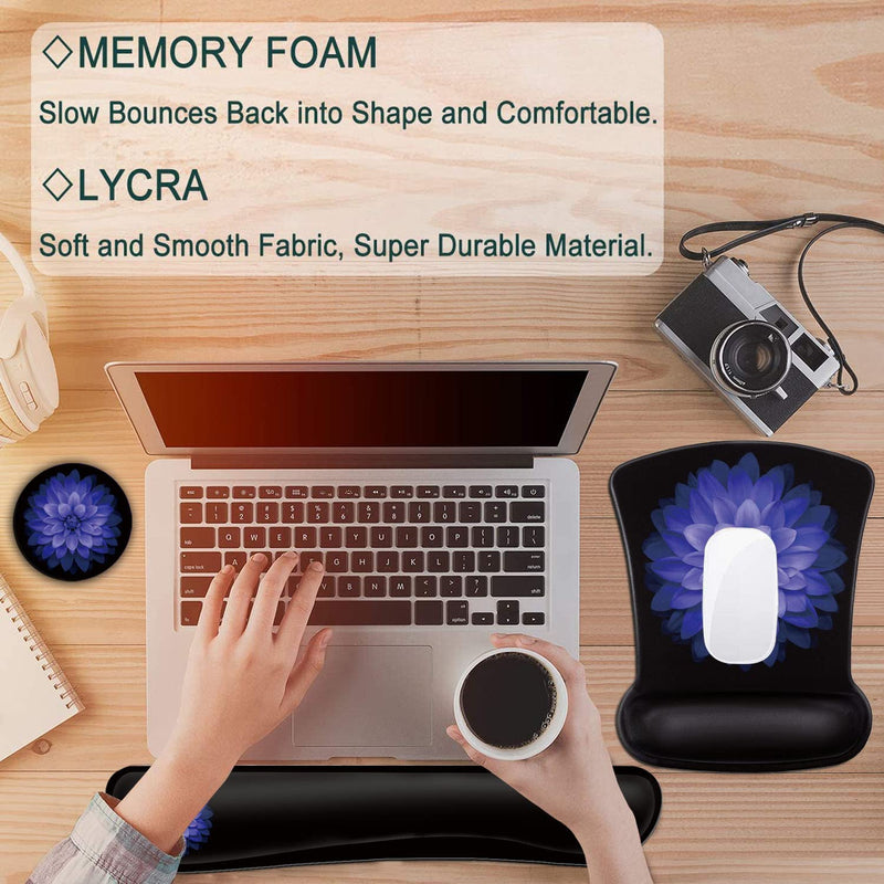 Keyboard Wrist Rest and Mouse Pad Wrist Support Set ,Purple Flowers Ergonomic Gel Mouse Pad ,Easy Typing Pain Relief, Memory Foam Keyboard Mousepad Set with Coasters Bf-mouse Pad-3-21
