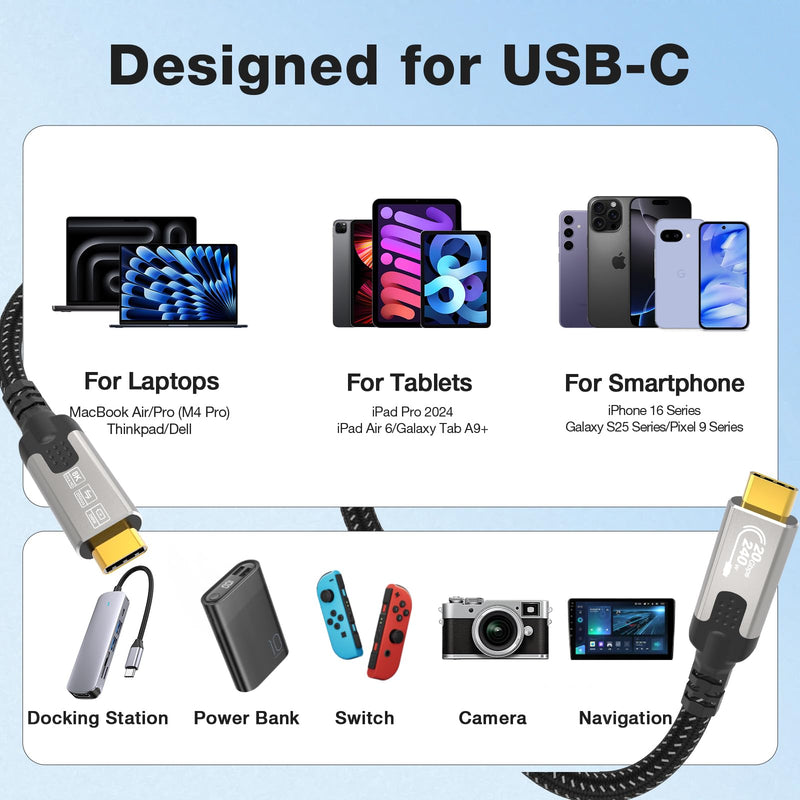 (2-Pack USB c to USB c Cable 10ft,USB C 3.2 20Gbps Data Transfer,Supports 8K@30Hz,4K@60Hz/144Hz Video,240W 48V/5A,USBC Display Cable for Thunderbolt 4,MacBook Pro, Switch iPhone 16 10FT+10FT