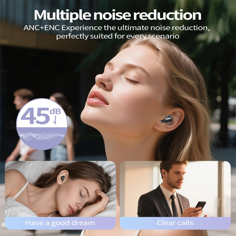 Mini ANC Sleep Earbuds, Wireless Ear Buds Headphones for Side Sleepers | Skin-friendly silicone noise cancelling earbuds with smart sleep mode. Mutes alerts for uninterrupted night sleep. Black