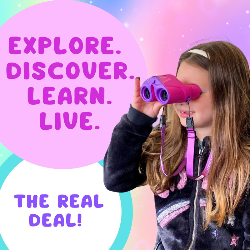 Kids Binoculars 8x21 Focus-Free Pink – Shockproof Outdoor Adventure Gear for Girls & Boys Ages 3-12 – No-Adjustment Point & Look Design, Real 8X Magnification STEM Toy for Bird Watching, Hiking Pink/Purple