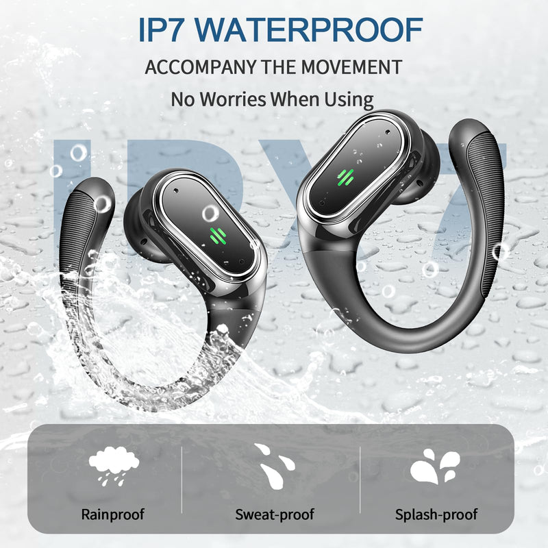 Wireless Earbuds, 2026 Bluetooth 5.4 Headphones Sport, 60Hrs HiFi Stereo Deep Bass Over-Ear buds with ENC Noise Cancelling Mic, IP7 Waterproof & LED Display Earphones with Earhooks for Workout/Running SkyMark Black